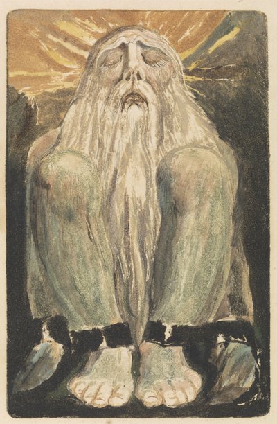 A naked man with a long white beard is seated on the ground with his knees up and his eyes closed, plate 12 from The First Book of Urizen by William Blake